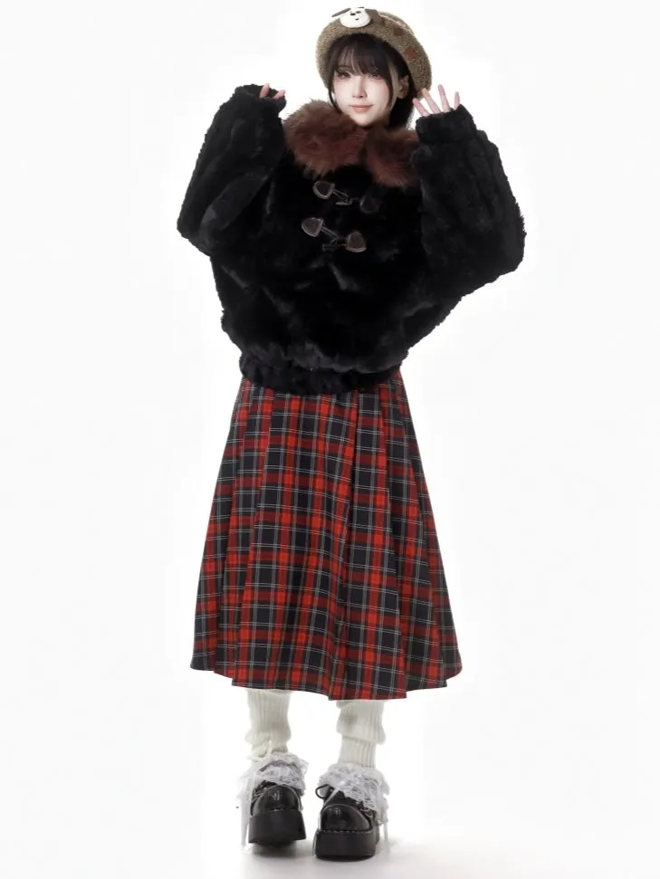 Red Heart Buckle Plaid Pleated Skirt
