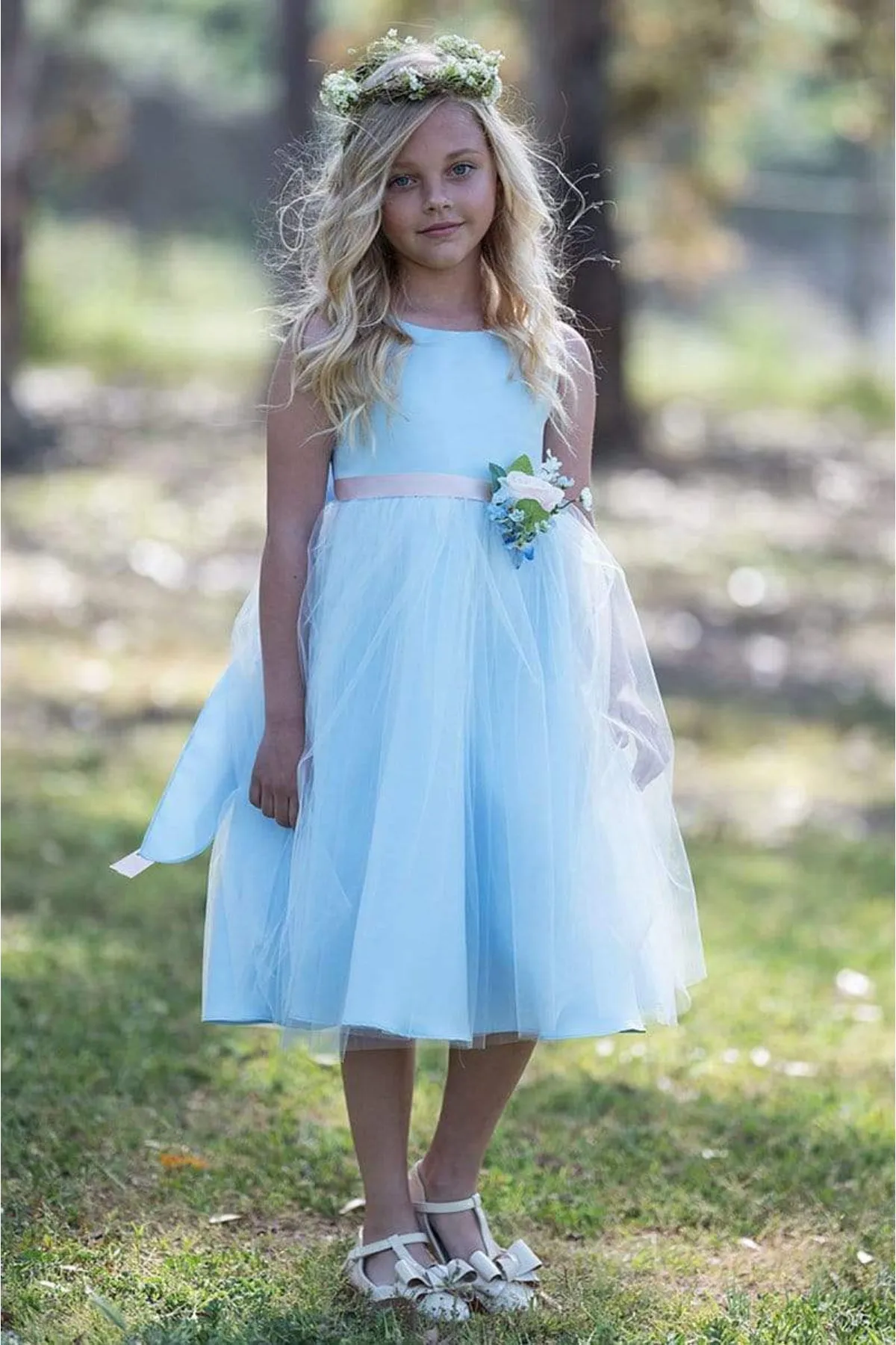 Rossybell Satin & Tulle Girls Dress with Satin Sash & Flower and Plus Size