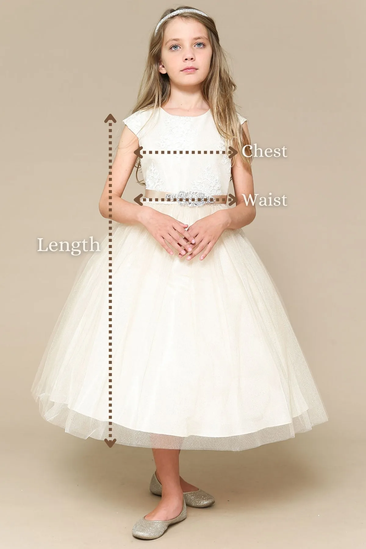 Rossybell Satin & Tulle Girls Dress with Satin Sash & Flower and Plus Size