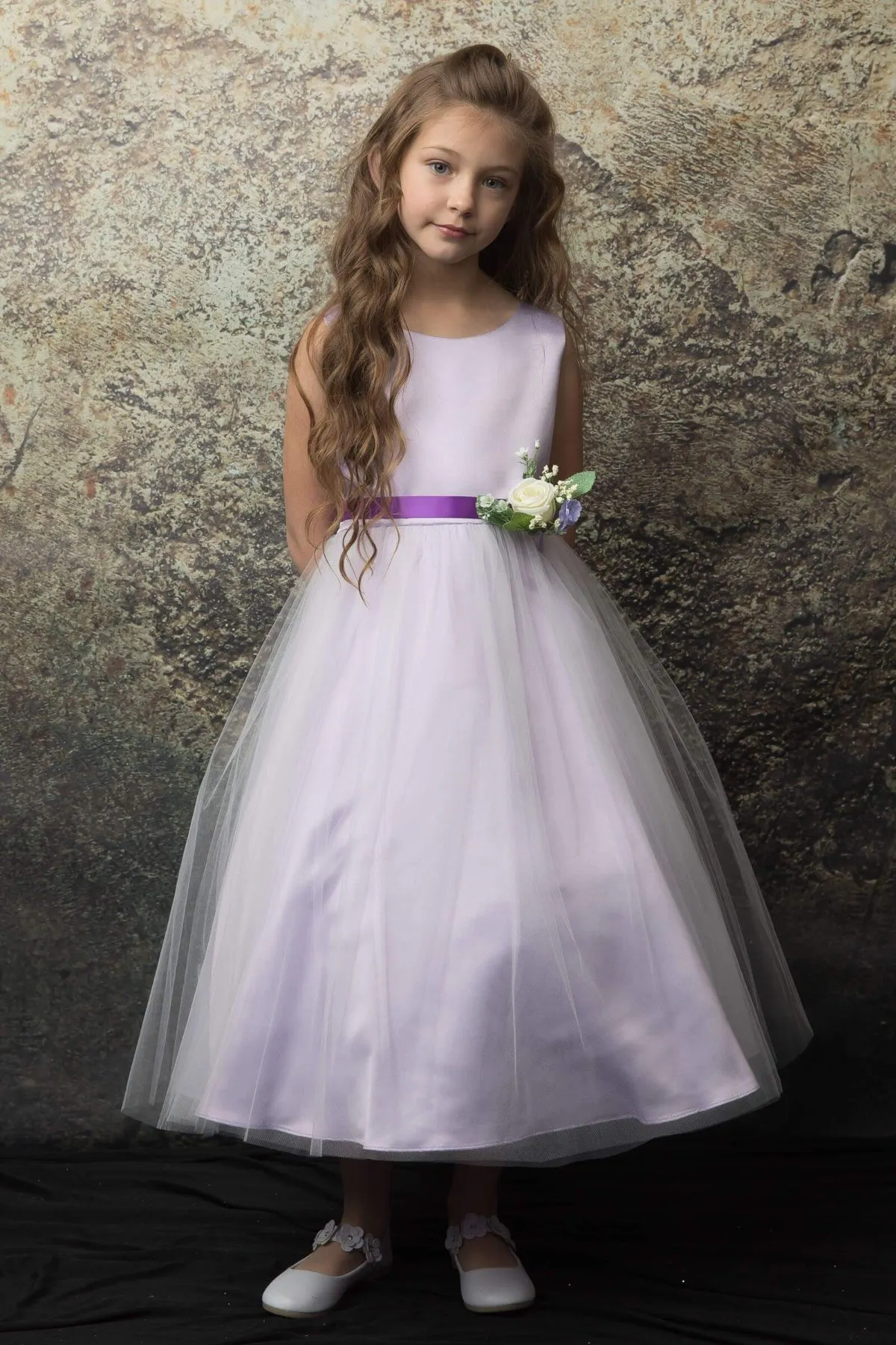 Rossybell Satin & Tulle Girls Dress with Satin Sash & Flower and Plus Size