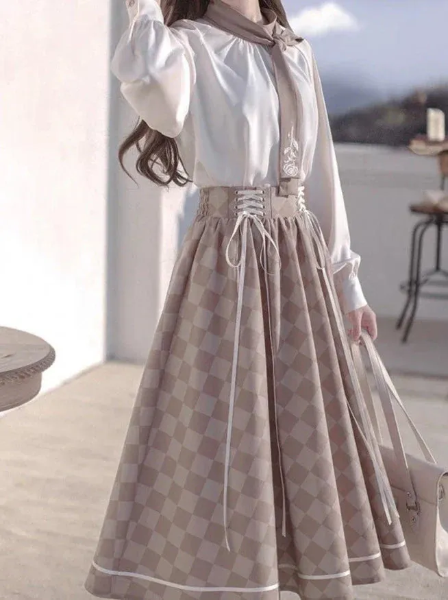 Skirt Suit Short   Shirt Rose Check   Retro Tie Brooch   Bow French Jacket Lace-Up