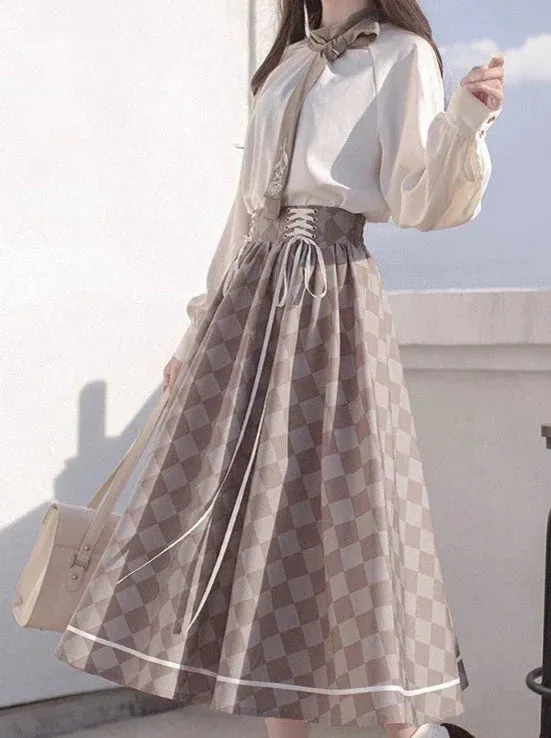 Skirt Suit Short   Shirt Rose Check   Retro Tie Brooch   Bow French Jacket Lace-Up