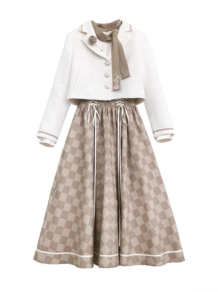 Skirt Suit Short   Shirt Rose Check   Retro Tie Brooch   Bow French Jacket Lace-Up