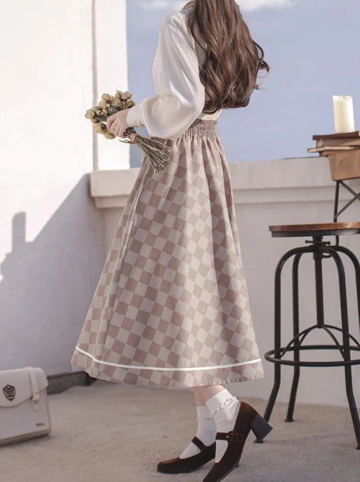 Skirt Suit Short   Shirt Rose Check   Retro Tie Brooch   Bow French Jacket Lace-Up