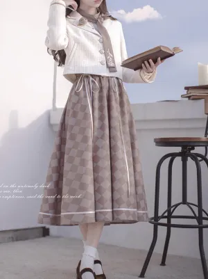 Skirt Suit Short   Shirt Rose Check   Retro Tie Brooch   Bow French Jacket Lace-Up