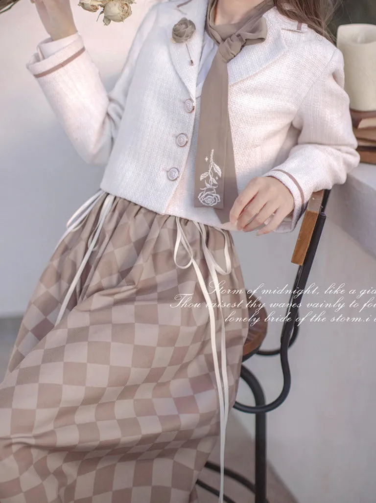Skirt Suit Short   Shirt Rose Check   Retro Tie Brooch   Bow French Jacket Lace-Up