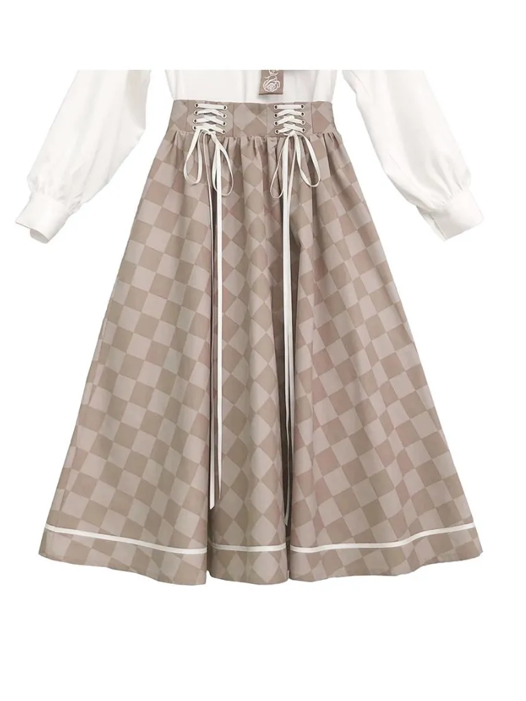 Skirt Suit Short   Shirt Rose Check   Retro Tie Brooch   Bow French Jacket Lace-Up