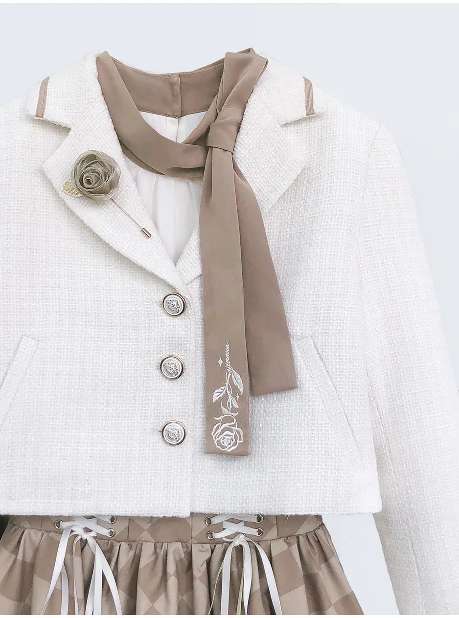 Skirt Suit Short   Shirt Rose Check   Retro Tie Brooch   Bow French Jacket Lace-Up