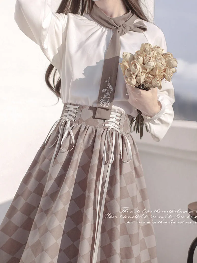 Skirt Suit Short   Shirt Rose Check   Retro Tie Brooch   Bow French Jacket Lace-Up