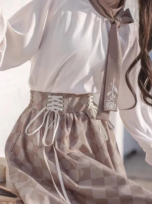 Skirt Suit Short   Shirt Rose Check   Retro Tie Brooch   Bow French Jacket Lace-Up