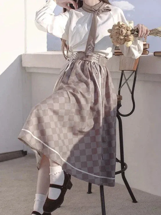 Skirt Suit Short   Shirt Rose Check   Retro Tie Brooch   Bow French Jacket Lace-Up
