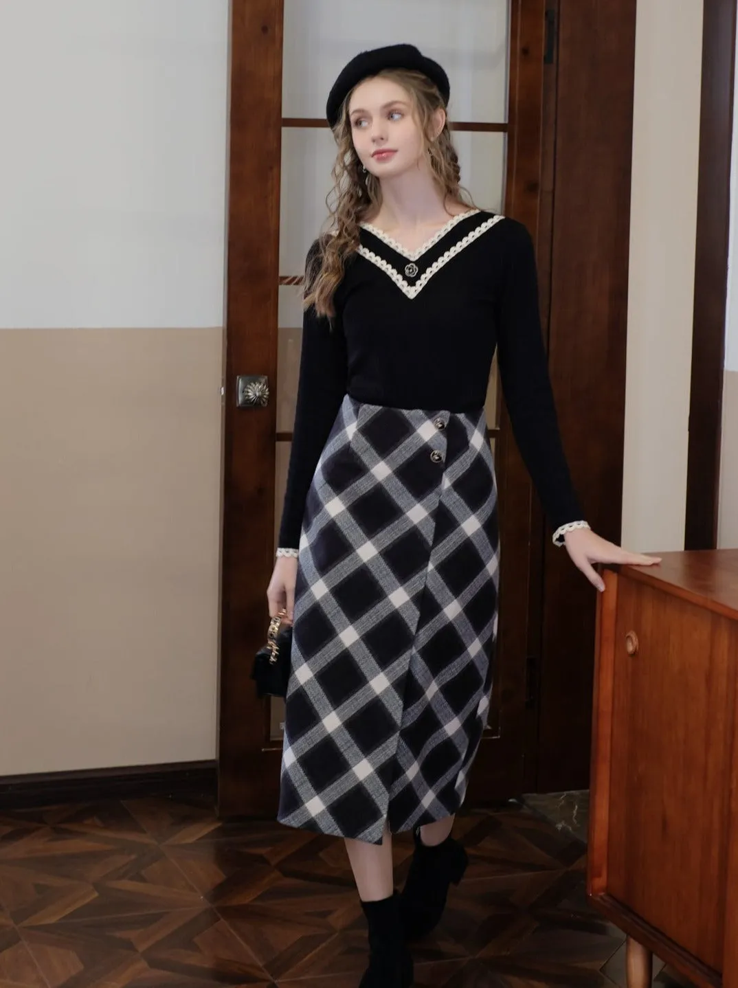 Slit Argyle Retro Skirt French Long