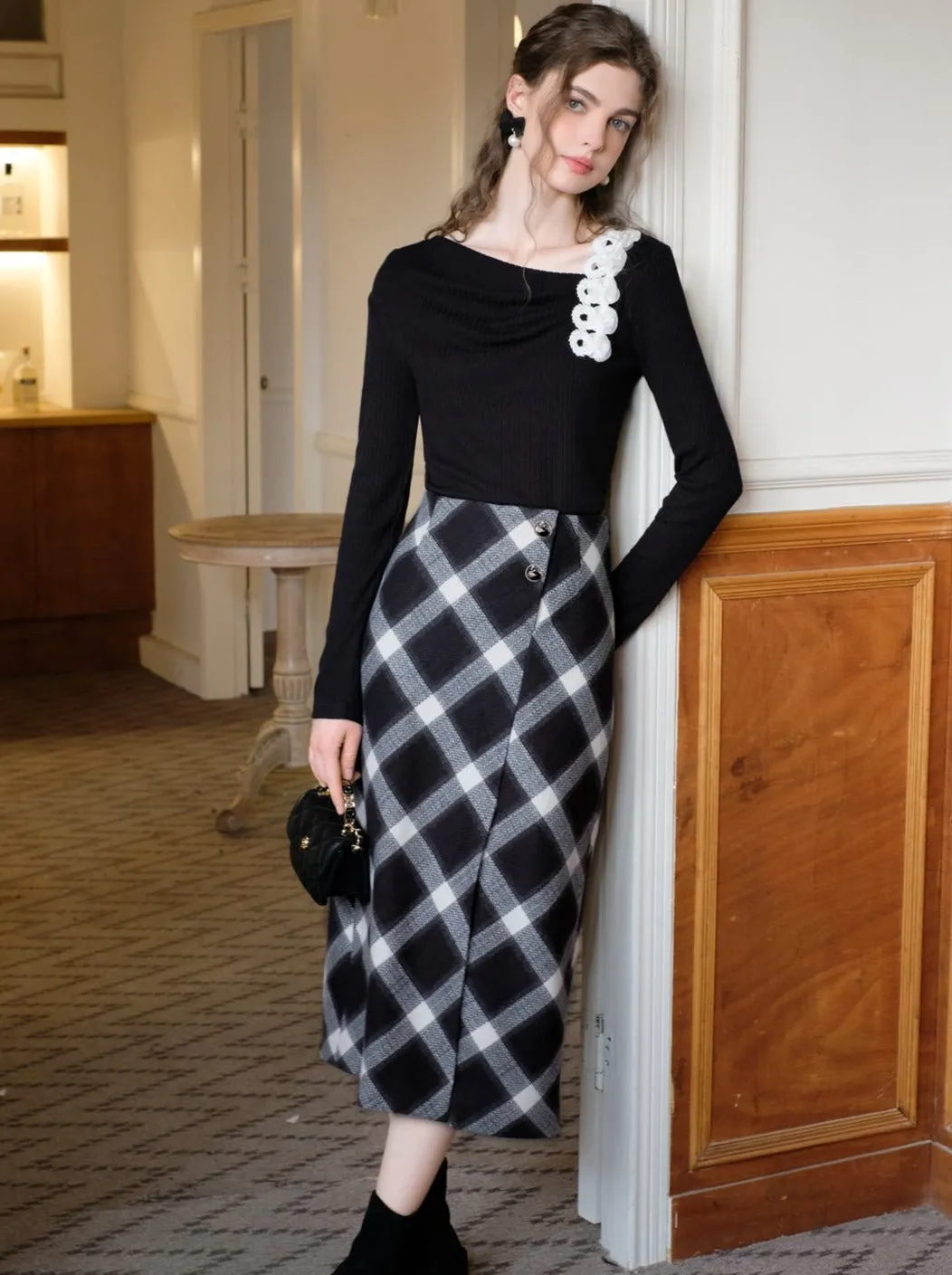 Slit Argyle Retro Skirt French Long