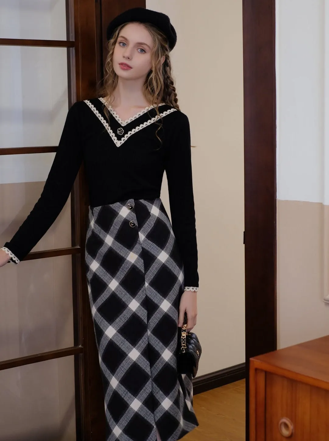 Slit Argyle Retro Skirt French Long