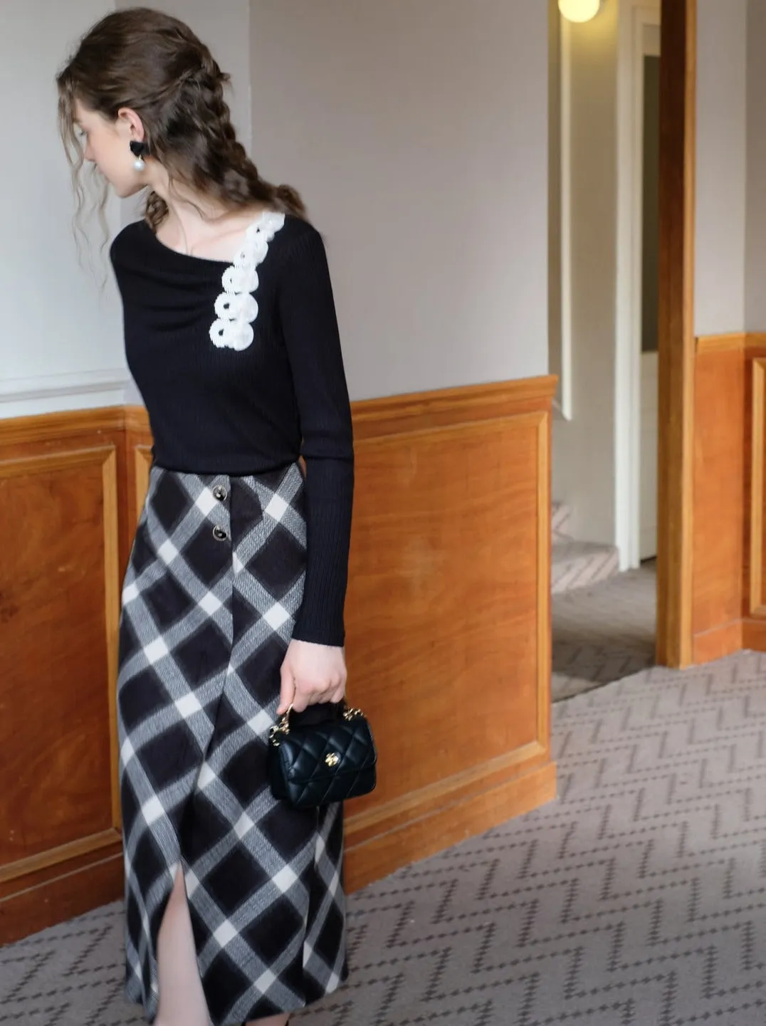 Slit Argyle Retro Skirt French Long
