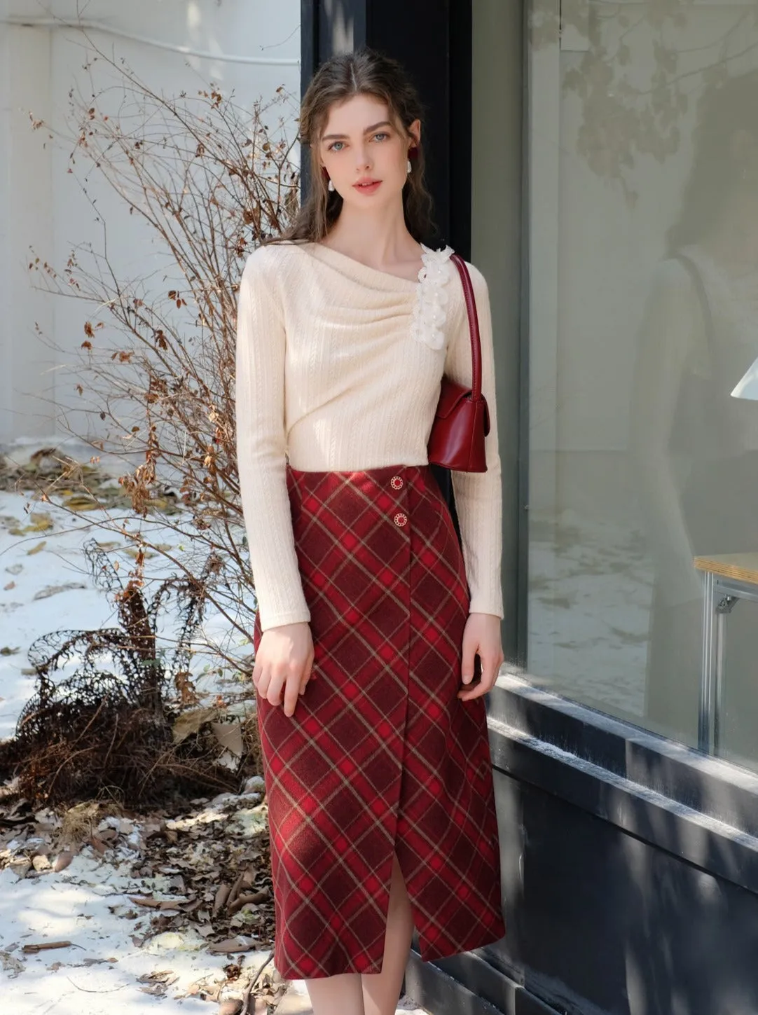 Slit Argyle Retro Skirt French Long