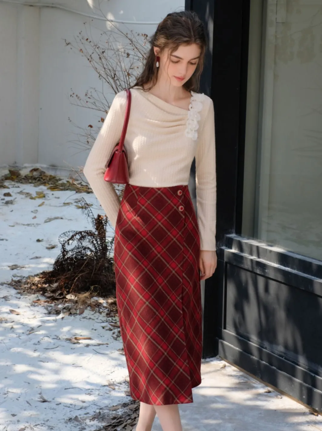 Slit Argyle Retro Skirt French Long