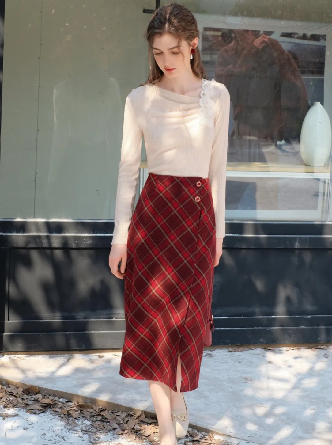 Slit Argyle Retro Skirt French Long