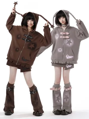 Star American Print Loose Zip Hoodie   Irregular Skirt   Leg Warmers
