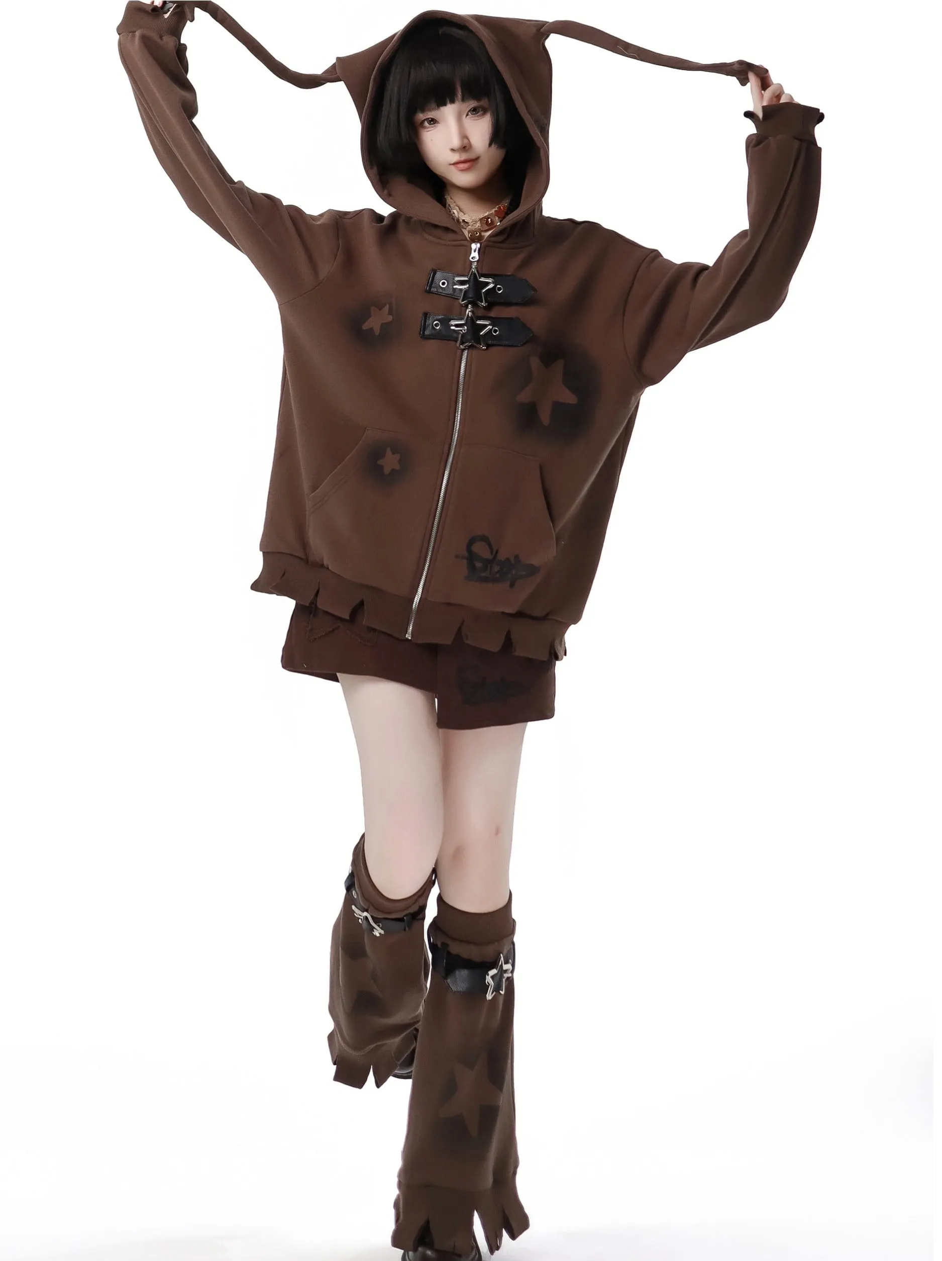 Star American Print Loose Zip Hoodie   Irregular Skirt   Leg Warmers