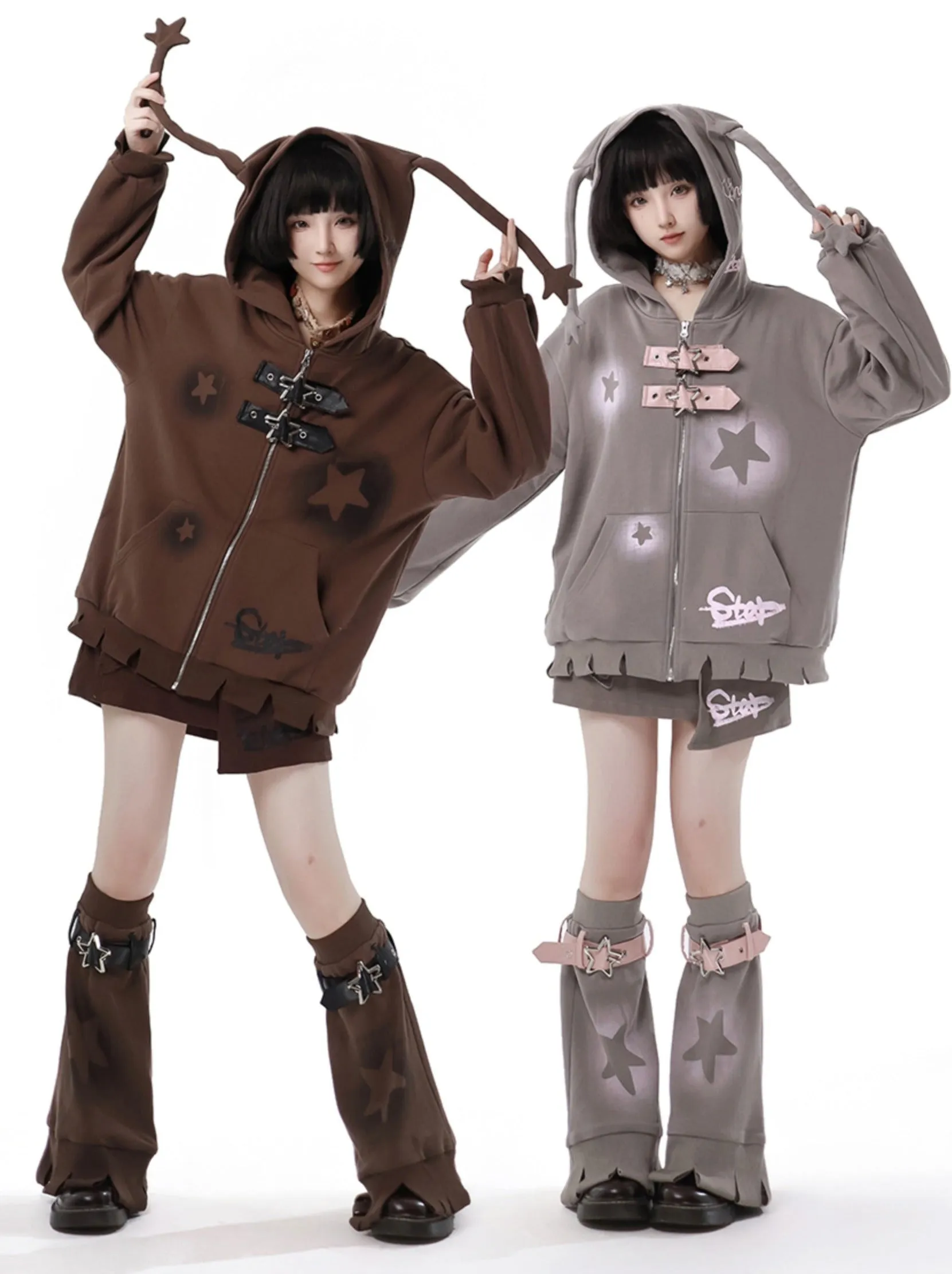 Star American Print Loose Zip Hoodie   Irregular Skirt   Leg Warmers