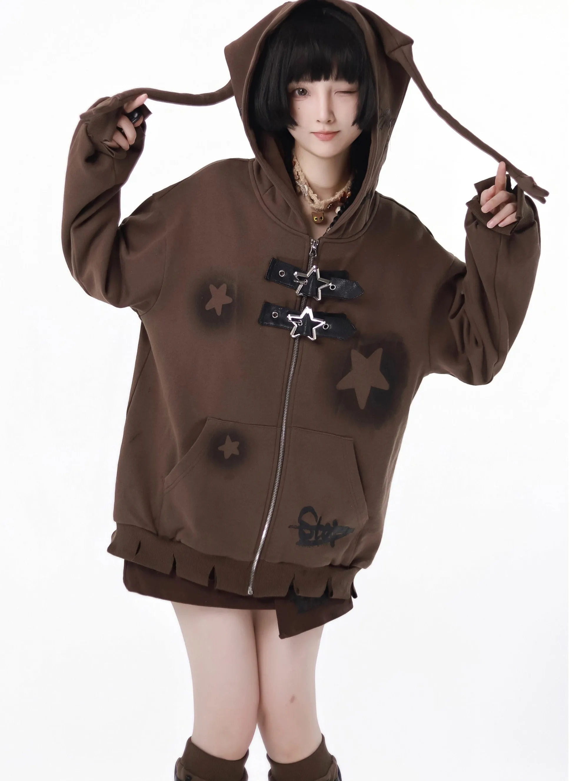 Star American Print Loose Zip Hoodie   Irregular Skirt   Leg Warmers