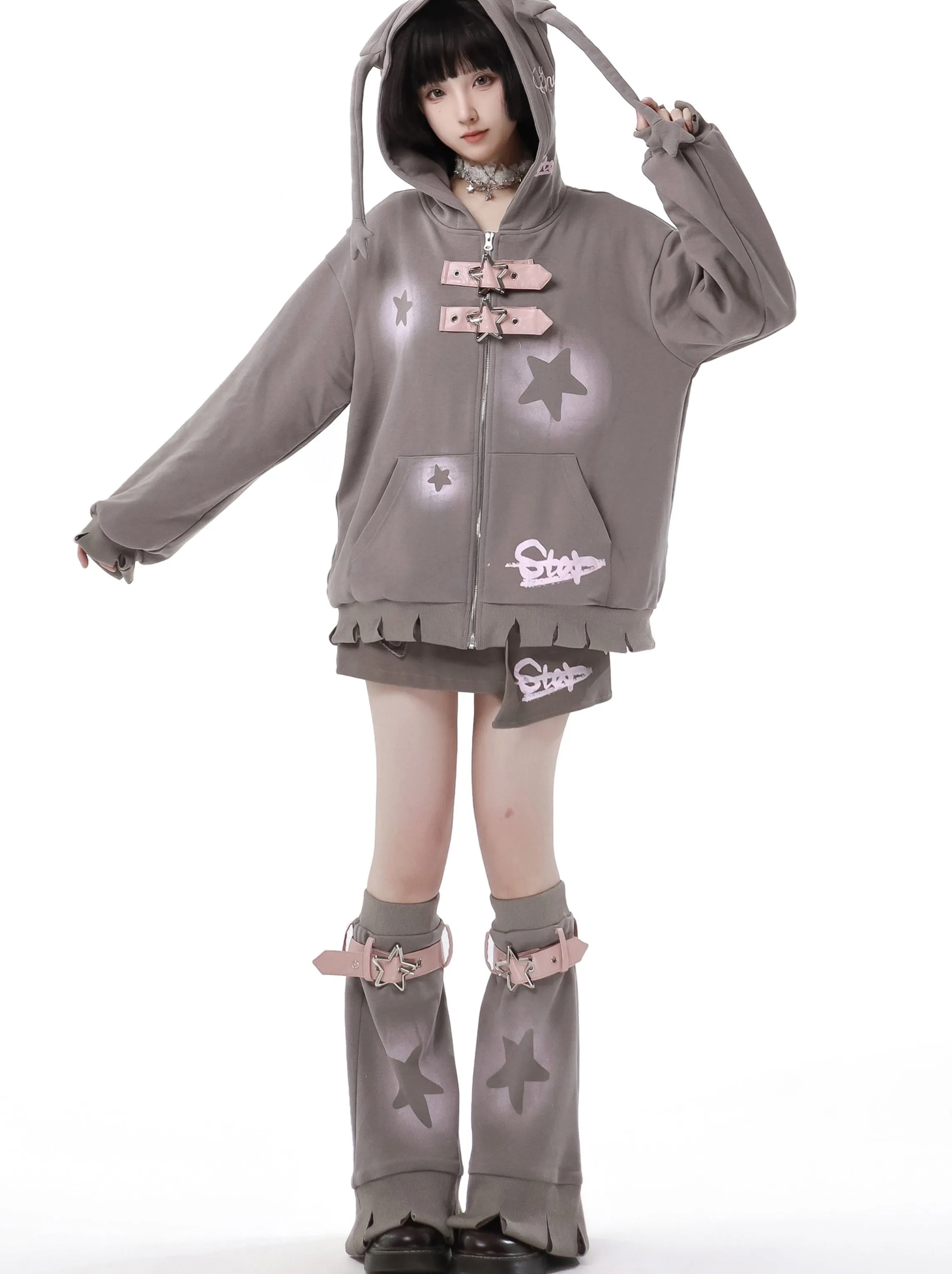 Star American Print Loose Zip Hoodie   Irregular Skirt   Leg Warmers