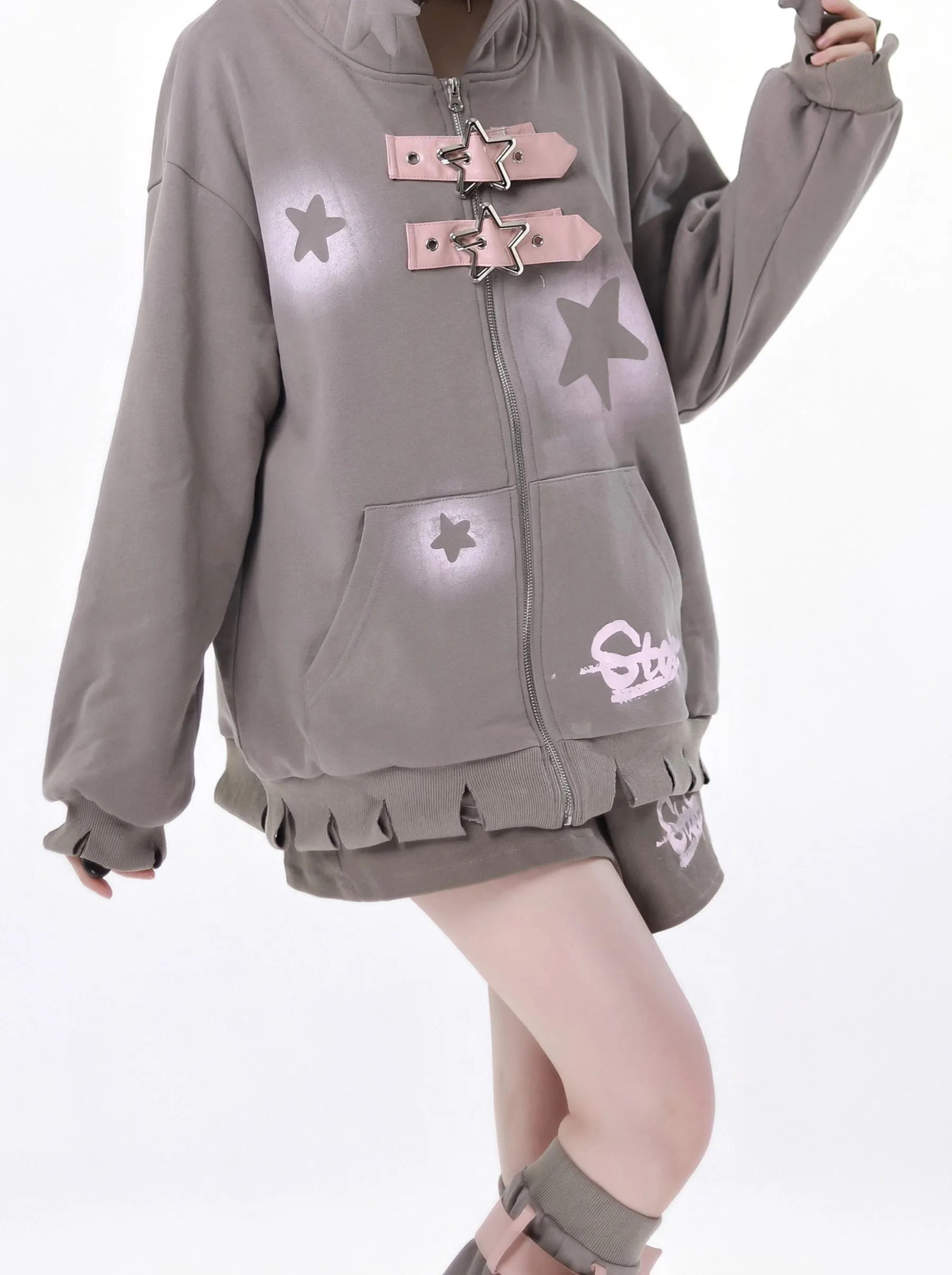 Star American Print Loose Zip Hoodie   Irregular Skirt   Leg Warmers