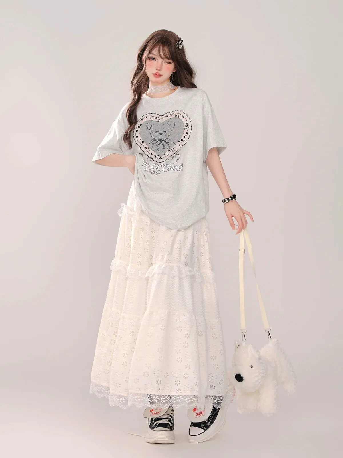 Sweet Girly White Skirt Long