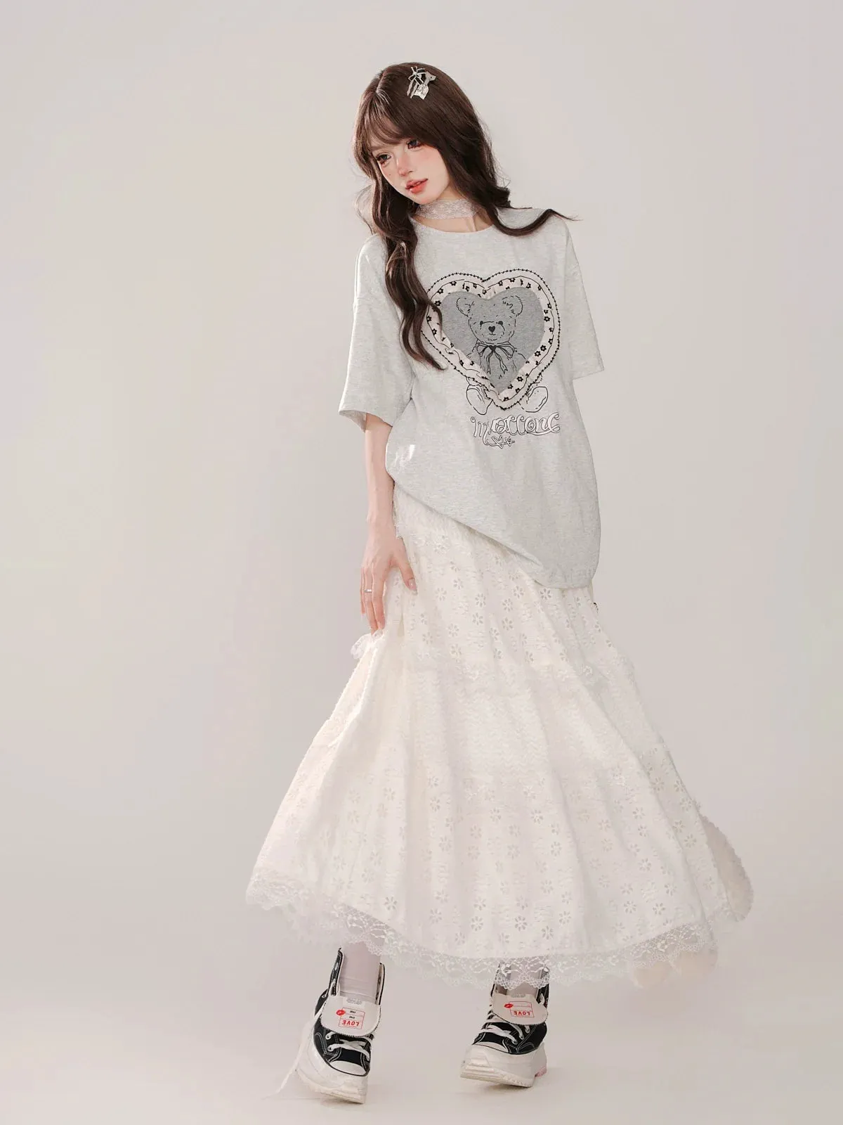 Sweet Girly White Skirt Long