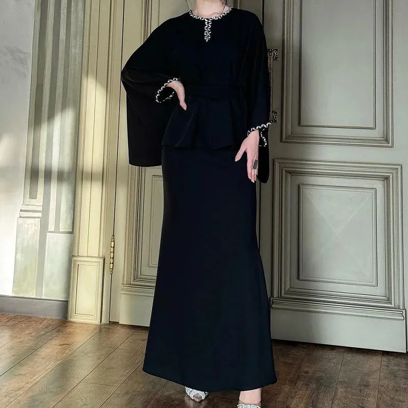 UAKISS  -  Ladies O Neck Batwing Sleeve Loose 2 Piece Set Autumn Winter High Waist Wrap Hip Skirt Suit Elegant Solid Color Commuter Outfits