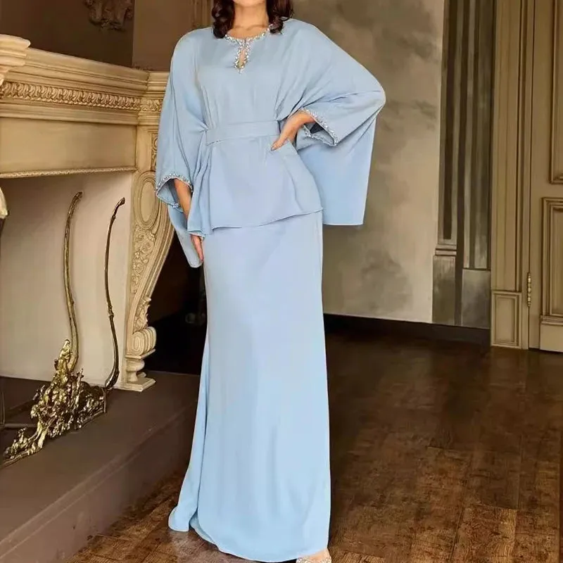 UAKISS  -  Ladies O Neck Batwing Sleeve Loose 2 Piece Set Autumn Winter High Waist Wrap Hip Skirt Suit Elegant Solid Color Commuter Outfits