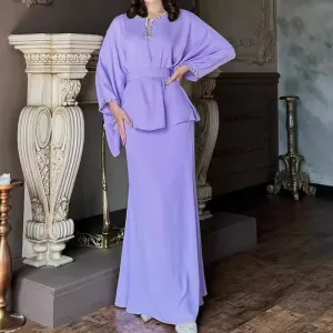 UAKISS  -  Ladies O Neck Batwing Sleeve Loose 2 Piece Set Autumn Winter High Waist Wrap Hip Skirt Suit Elegant Solid Color Commuter Outfits